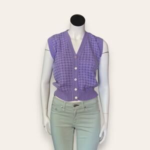 Preppy Purple Knit - Neck Button up Heart Pattern Vest - Small